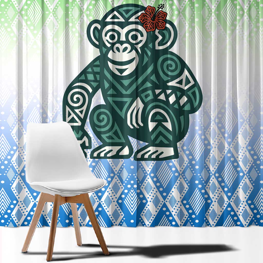 Sierra Leone Window Curtain - Tribal Chimpanzee Design and Green Blue Gradient Pattern
