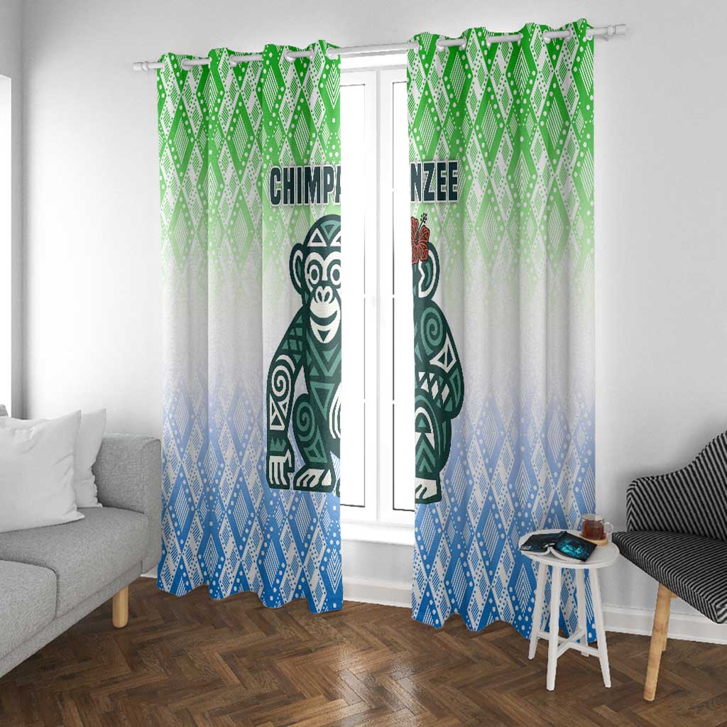 Sierra Leone Window Curtain - Tribal Chimpanzee Design and Green Blue Gradient Pattern