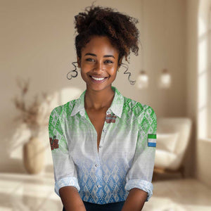 Sierra Leone Women Casual Shirt - Tribal Chimpanzee Design and Green Blue Gradient Pattern
