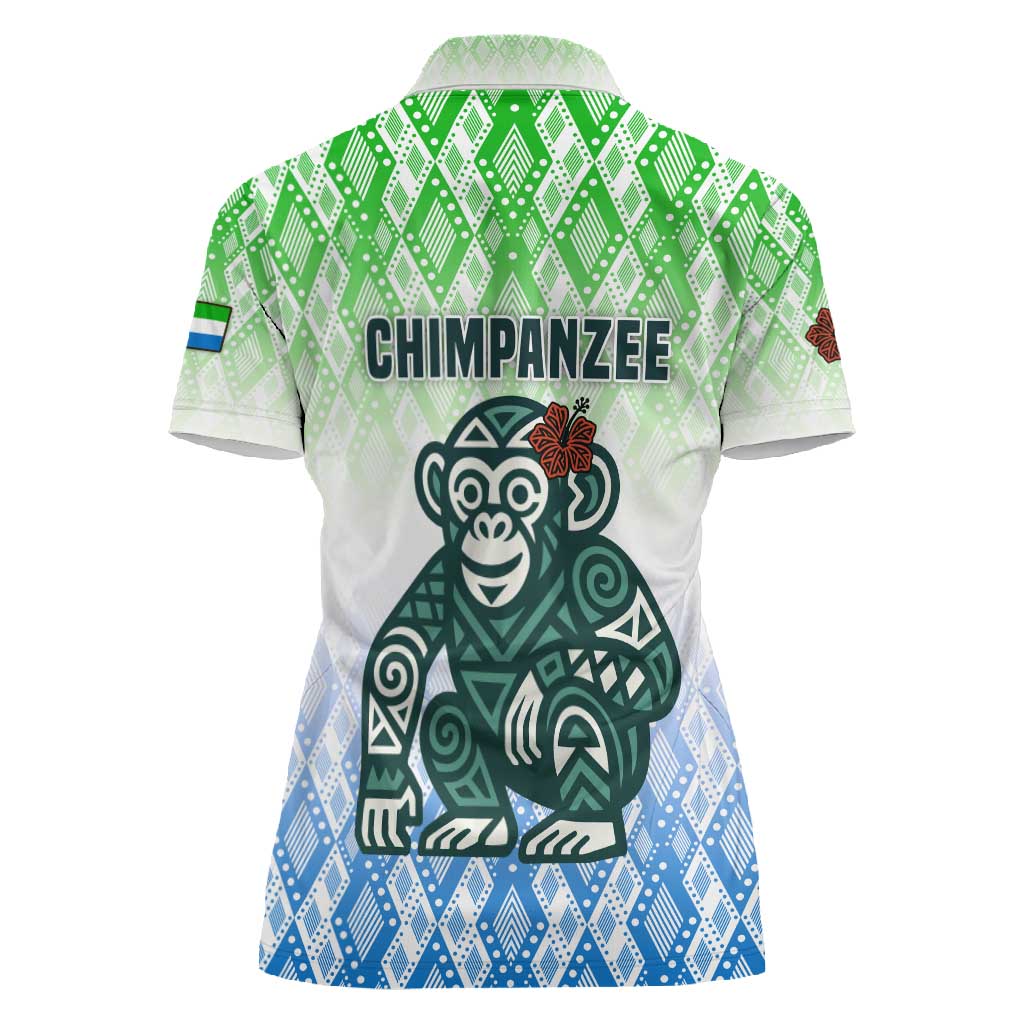 Sierra Leone Women Polo Shirt - Tribal Chimpanzee Design and Green Blue Gradient Pattern