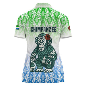 Sierra Leone Women Polo Shirt - Tribal Chimpanzee Design and Green Blue Gradient Pattern