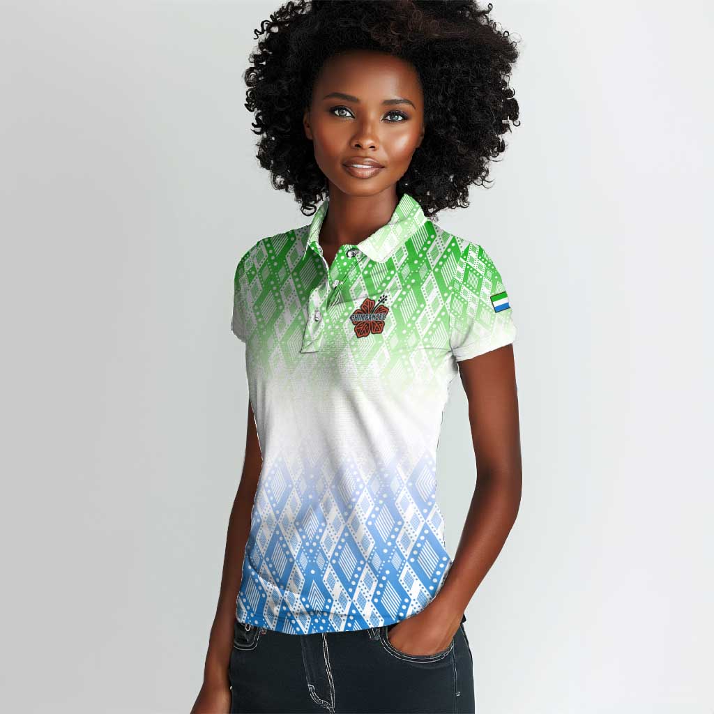 Sierra Leone Women Polo Shirt - Tribal Chimpanzee Design and Green Blue Gradient Pattern