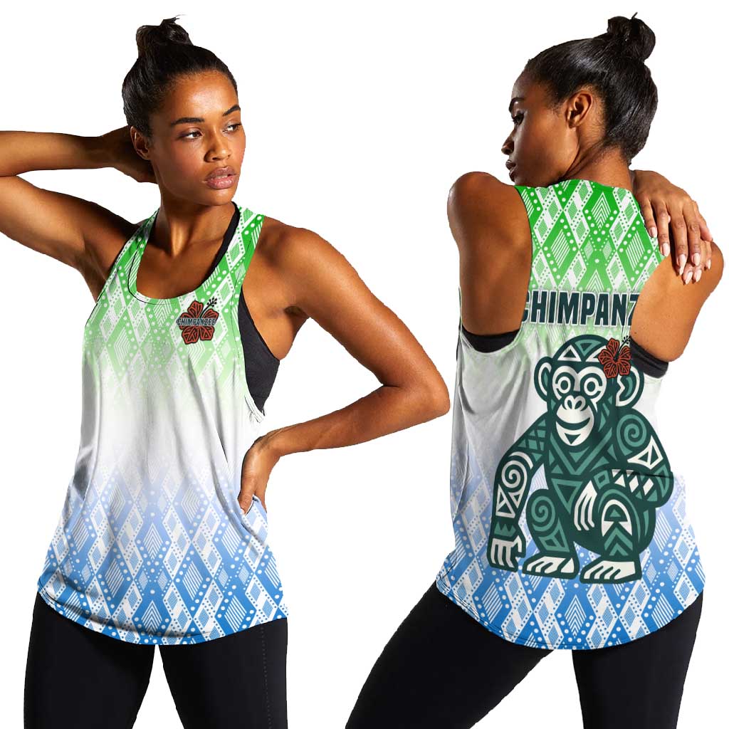 Sierra Leone Women Racerback Tank - Tribal Chimpanzee Design and Green Blue Gradient Pattern