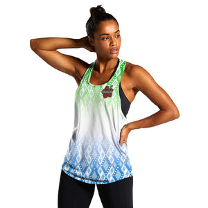 Sierra Leone Women Racerback Tank - Tribal Chimpanzee Design and Green Blue Gradient Pattern