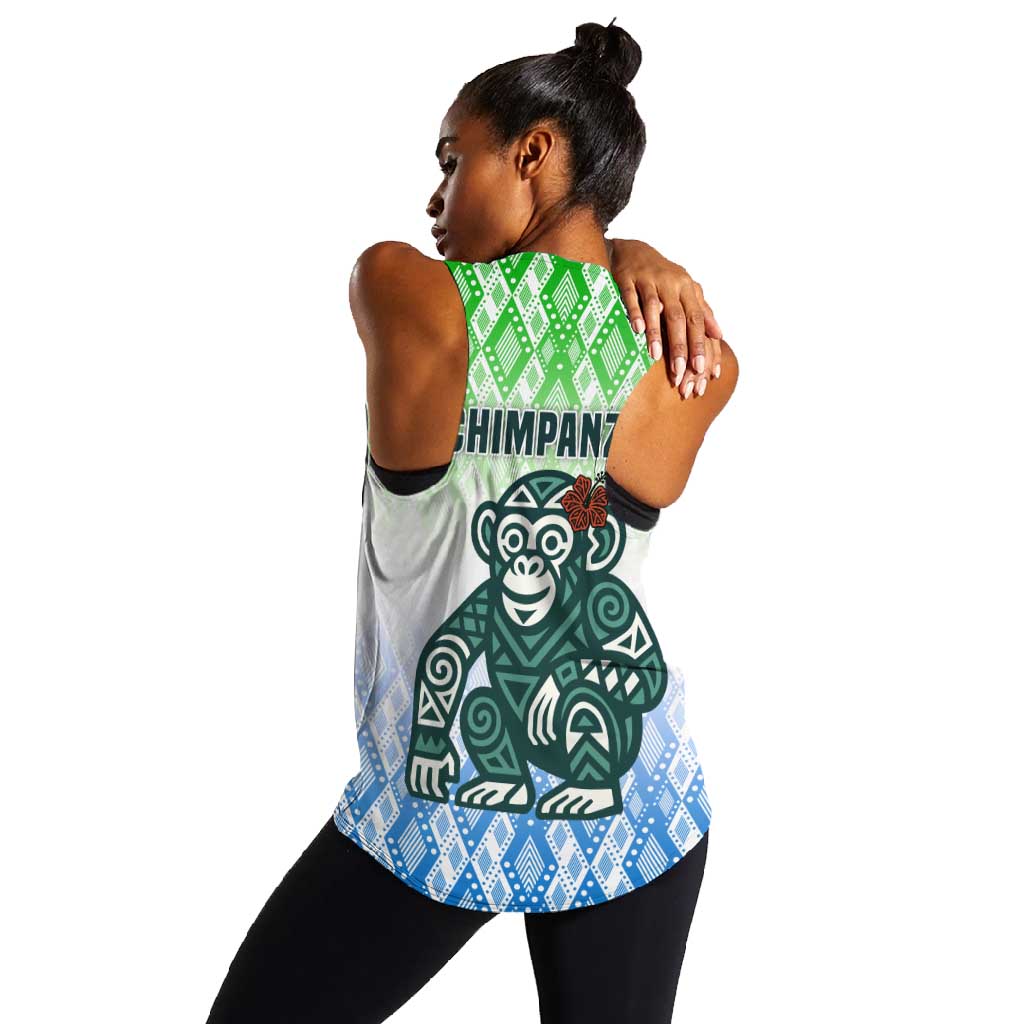 Sierra Leone Women Racerback Tank - Tribal Chimpanzee Design and Green Blue Gradient Pattern