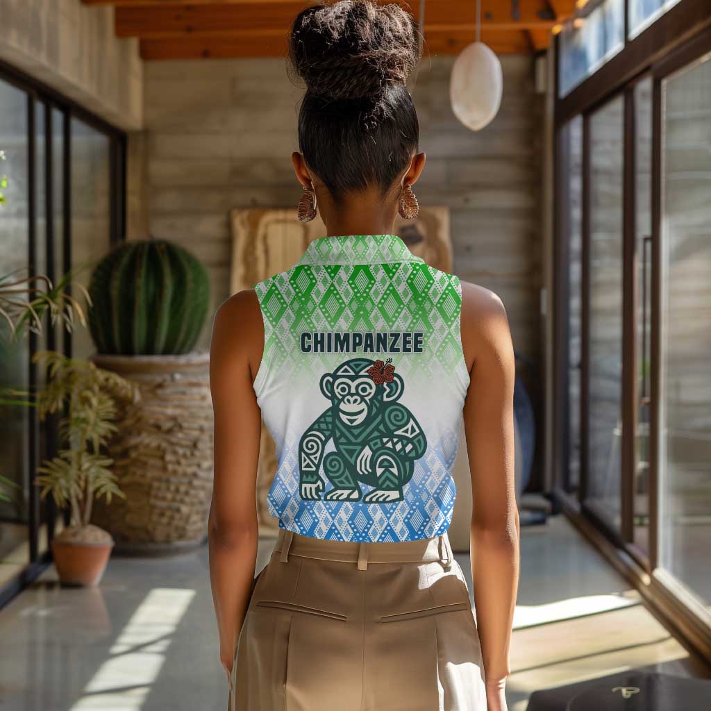 Sierra Leone Women Sleeveless Polo Shirt - Tribal Chimpanzee Design and Green Blue Gradient Pattern