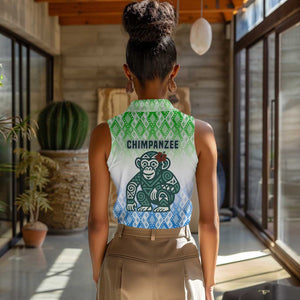 Sierra Leone Women Sleeveless Polo Shirt - Tribal Chimpanzee Design and Green Blue Gradient Pattern