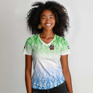 Sierra Leone Women V-Neck T-Shirt - Tribal Chimpanzee Design and Green Blue Gradient Pattern