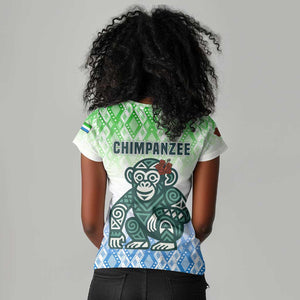 Sierra Leone Women V-Neck T-Shirt - Tribal Chimpanzee Design and Green Blue Gradient Pattern