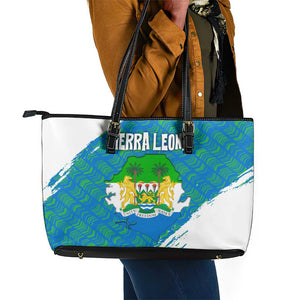 Sierra Leone Crest Leather Tote Bag with National Coat of Arms and Flag Colors