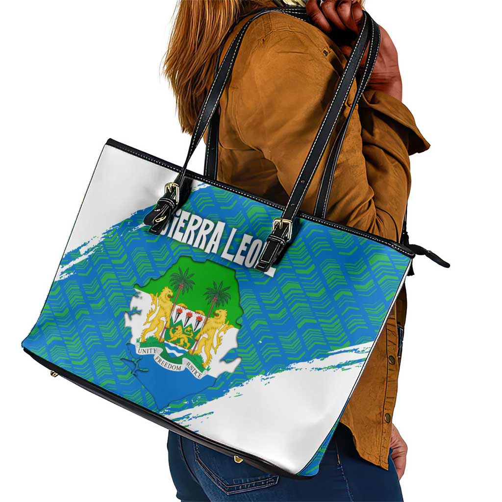 Sierra Leone Crest Leather Tote Bag with National Coat of Arms and Flag Colors