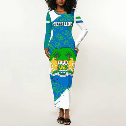 Sierra Leone Crest Long Sleeve Bodycon Dress with National Coat of Arms and Flag Colors
