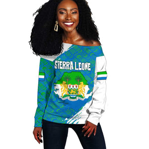 Sierra Leone Crest Off Shoulder Sweater with National Coat of Arms and Flag Colors