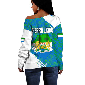 Sierra Leone Crest Off Shoulder Sweater with National Coat of Arms and Flag Colors