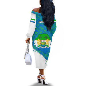Sierra Leone Crest Off The Shoulder Long Sleeve Dress with National Coat of Arms and Flag Colors