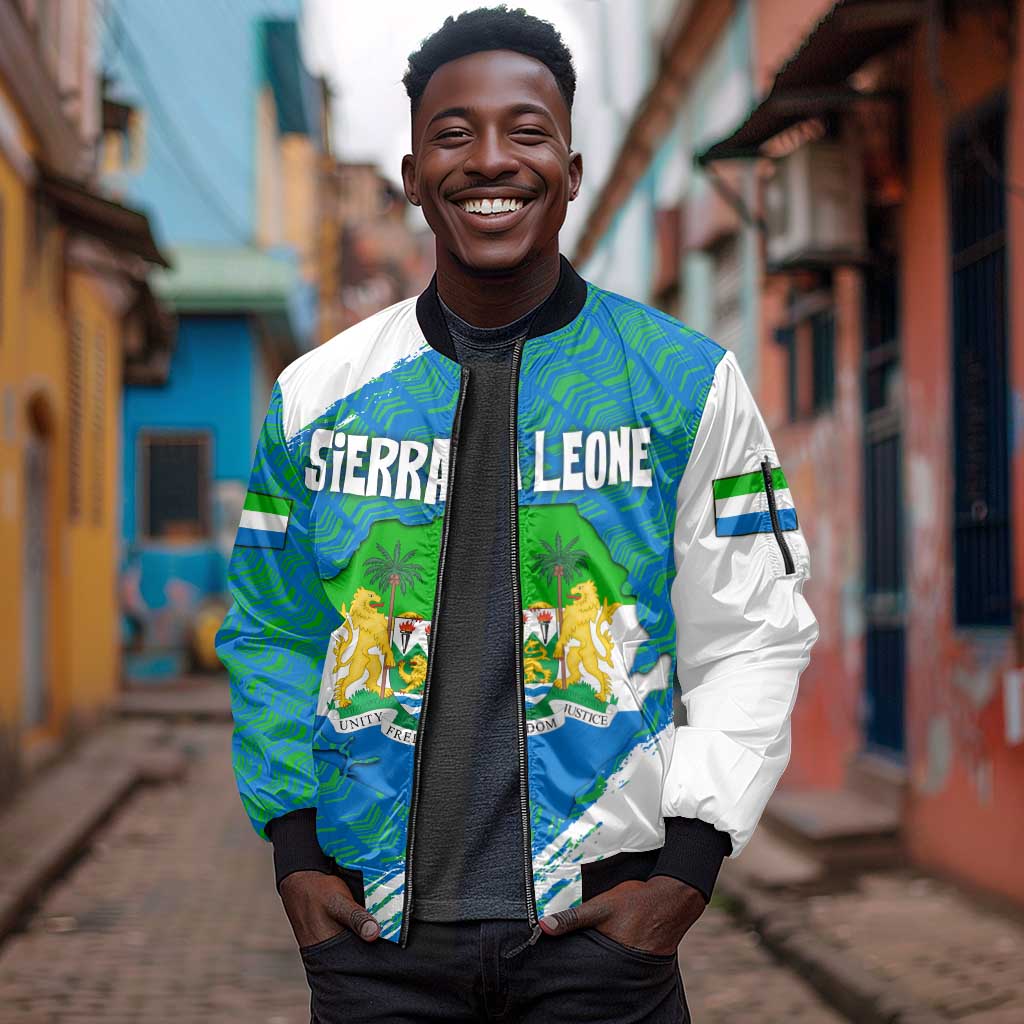 Sierra Leone Crest Sleeve Zip Bomber Jacket with National Coat of Arms and Flag Colors