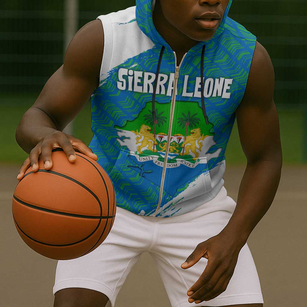 Sierra Leone Crest Sleeveless Zip Hoodie with National Coat of Arms and Flag Colors - African Pride