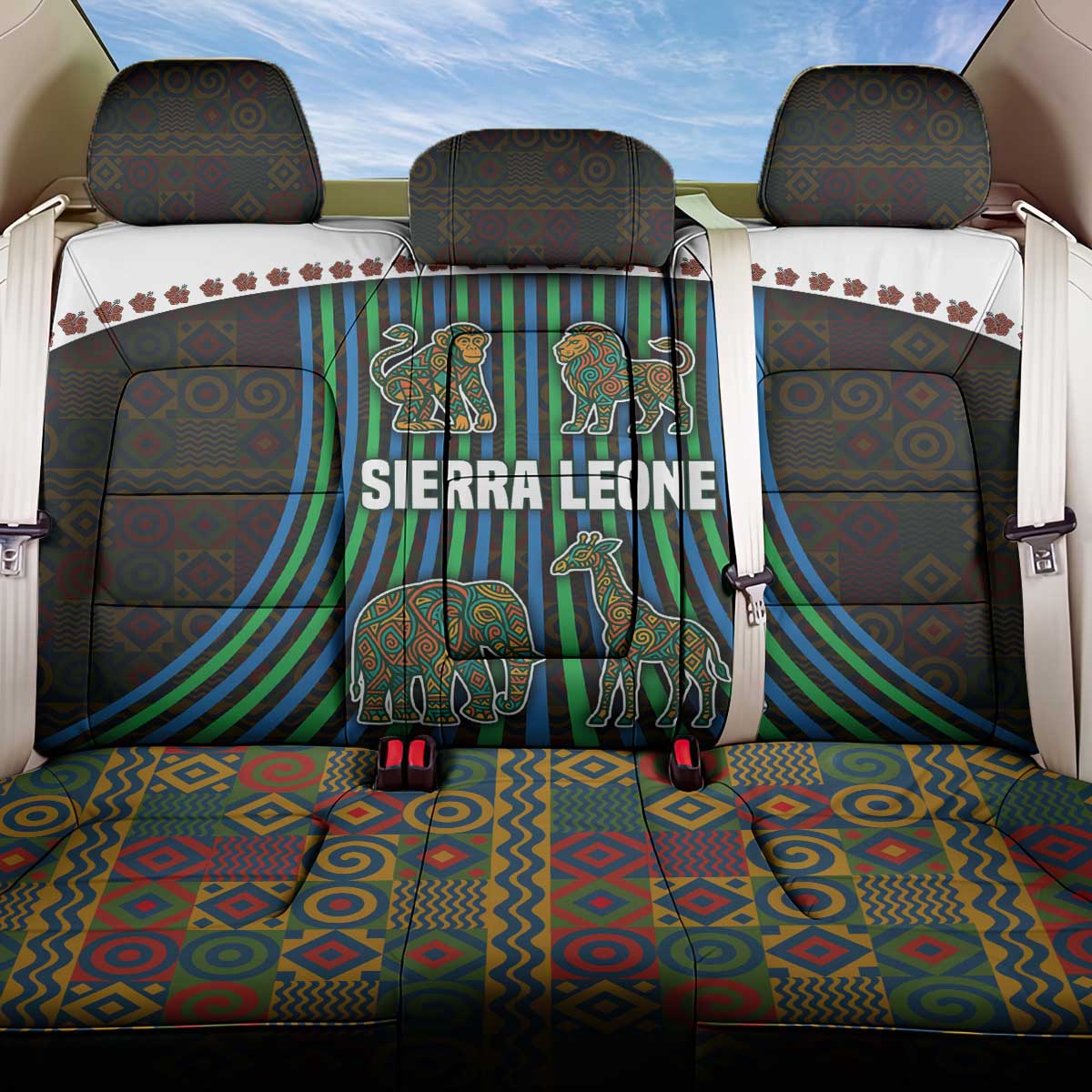 Sierra Leone Back Car Seat Cover - Tribal Animal Pattern Featuring Lion Elephant Giraffe and Monkey