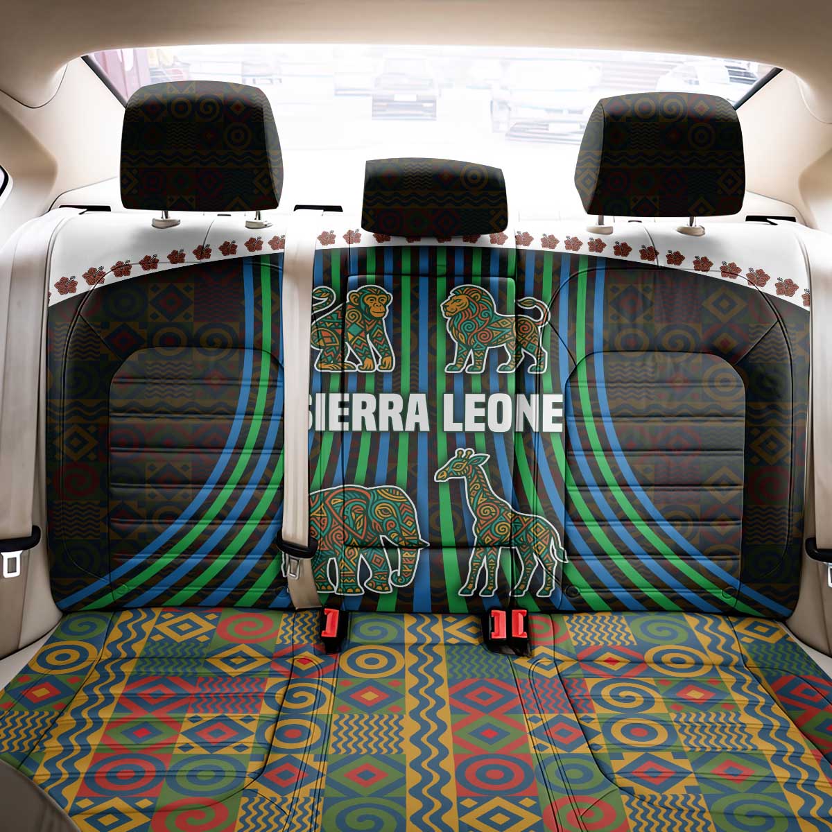 Sierra Leone Back Car Seat Cover - Tribal Animal Pattern Featuring Lion Elephant Giraffe and Monkey