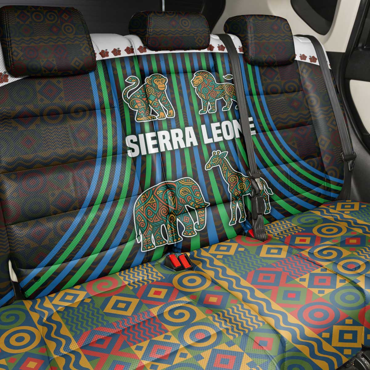 Sierra Leone Back Car Seat Cover - Tribal Animal Pattern Featuring Lion Elephant Giraffe and Monkey