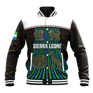 Sierra Leone Baseball Jacket - Tribal Animal Pattern Featuring Lion Elephant Giraffe and Monkey