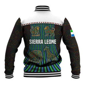 Sierra Leone Baseball Jacket - Tribal Animal Pattern Featuring Lion Elephant Giraffe and Monkey