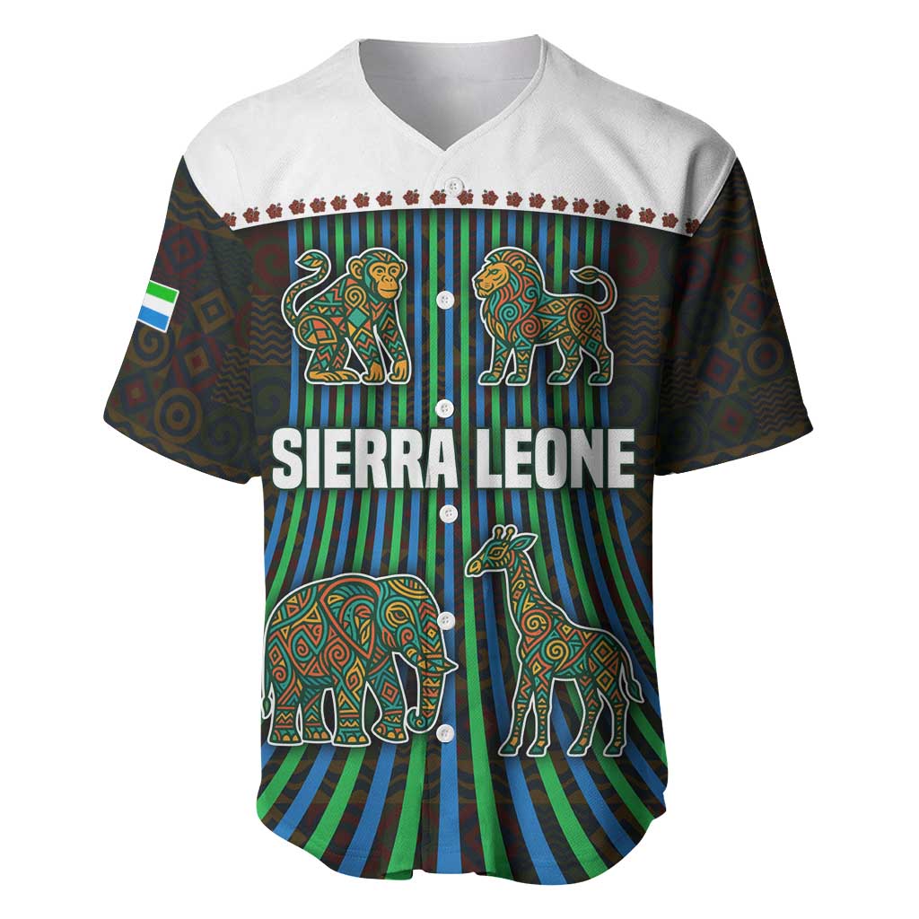 Sierra Leone Baseball Jersey - Tribal Animal Pattern Featuring Lion Elephant Giraffe and Monkey