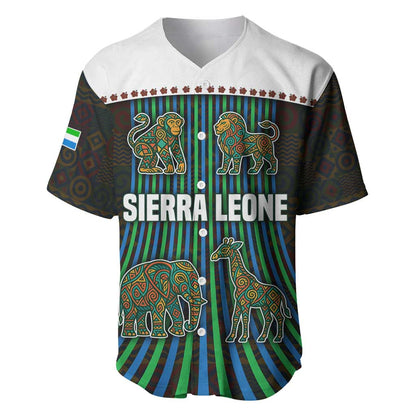 Sierra Leone Baseball Jersey - Tribal Animal Pattern Featuring Lion Elephant Giraffe and Monkey