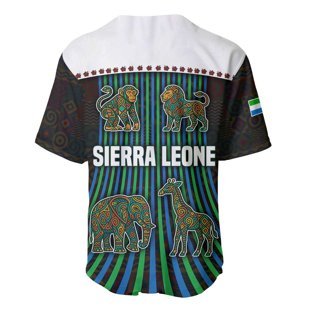 Sierra Leone Baseball Jersey - Tribal Animal Pattern Featuring Lion Elephant Giraffe and Monkey
