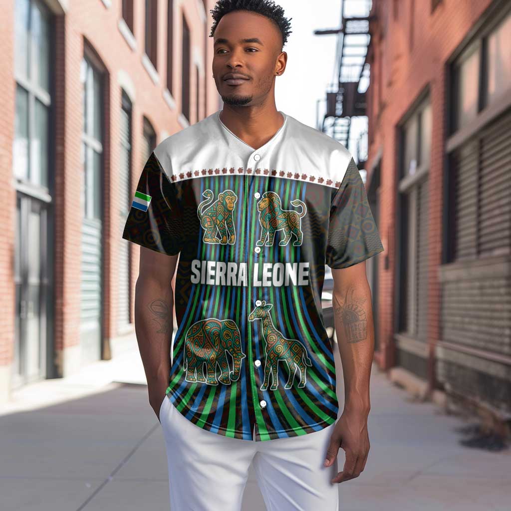 Sierra Leone Baseball Jersey - Tribal Animal Pattern Featuring Lion Elephant Giraffe and Monkey