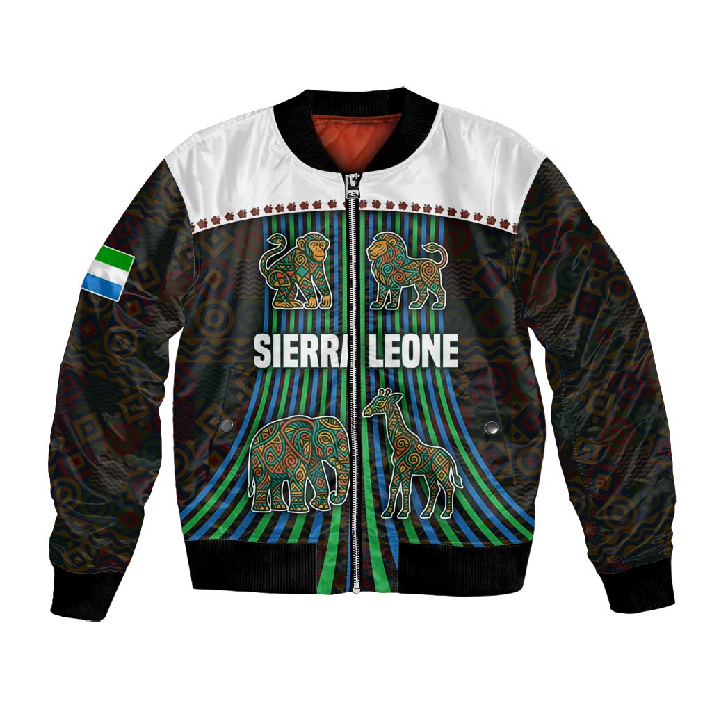 Sierra Leone Bomber Jacket - Tribal Animal Pattern Featuring Lion Elephant Giraffe and Monkey