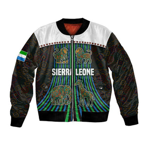 Sierra Leone Bomber Jacket - Tribal Animal Pattern Featuring Lion Elephant Giraffe and Monkey