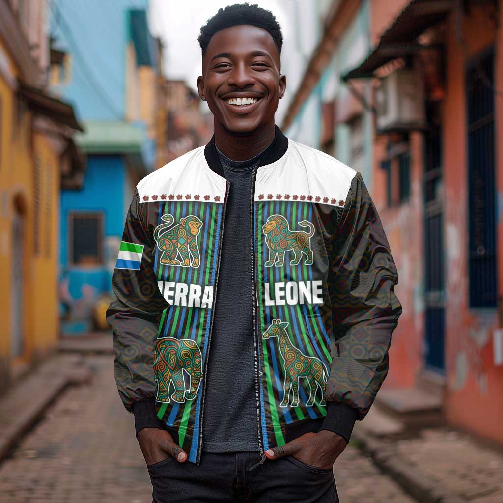 Sierra Leone Bomber Jacket - Tribal Animal Pattern Featuring Lion Elephant Giraffe and Monkey