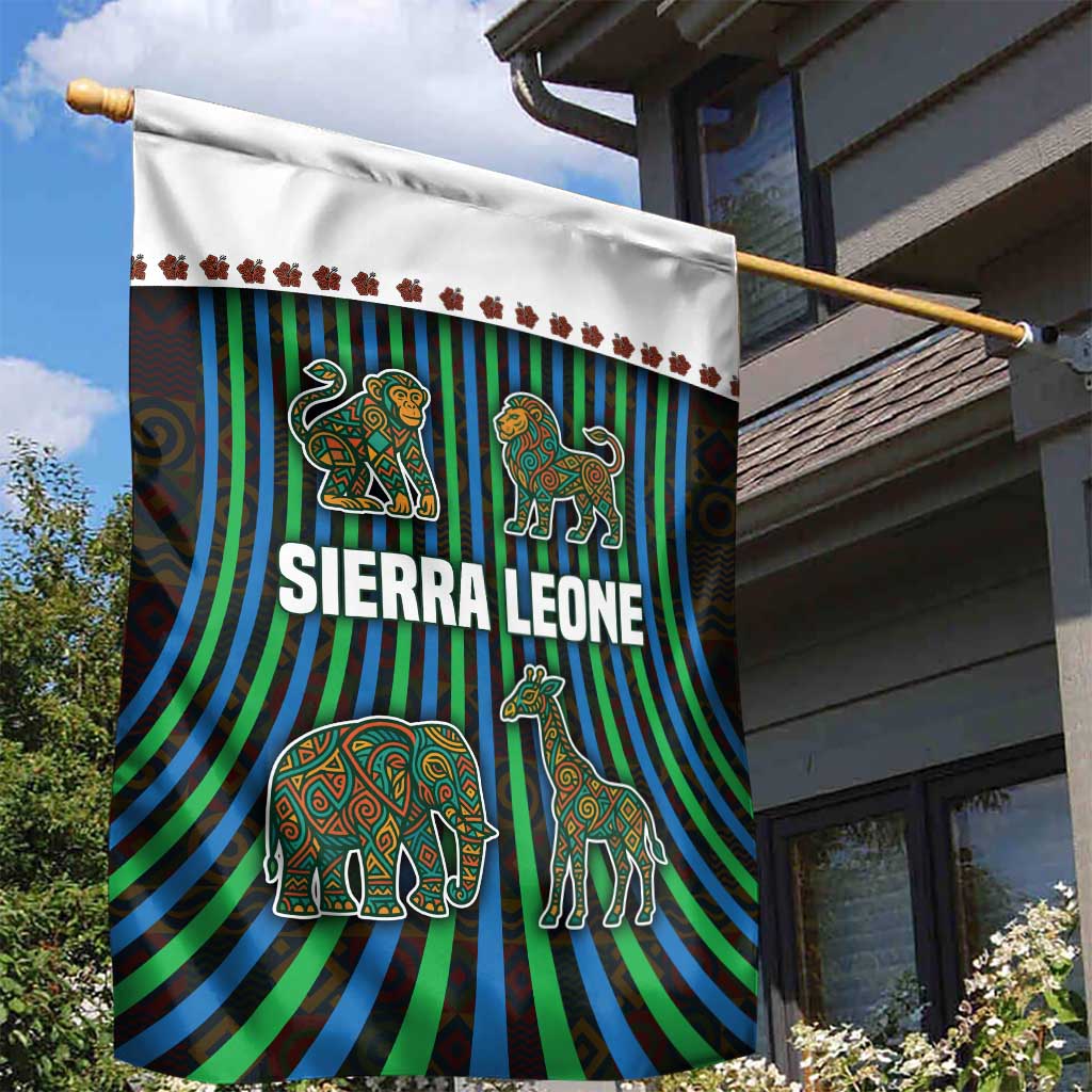 Sierra Leone Garden Flag - Tribal Animal Pattern Featuring Lion Elephant Giraffe and Monkey