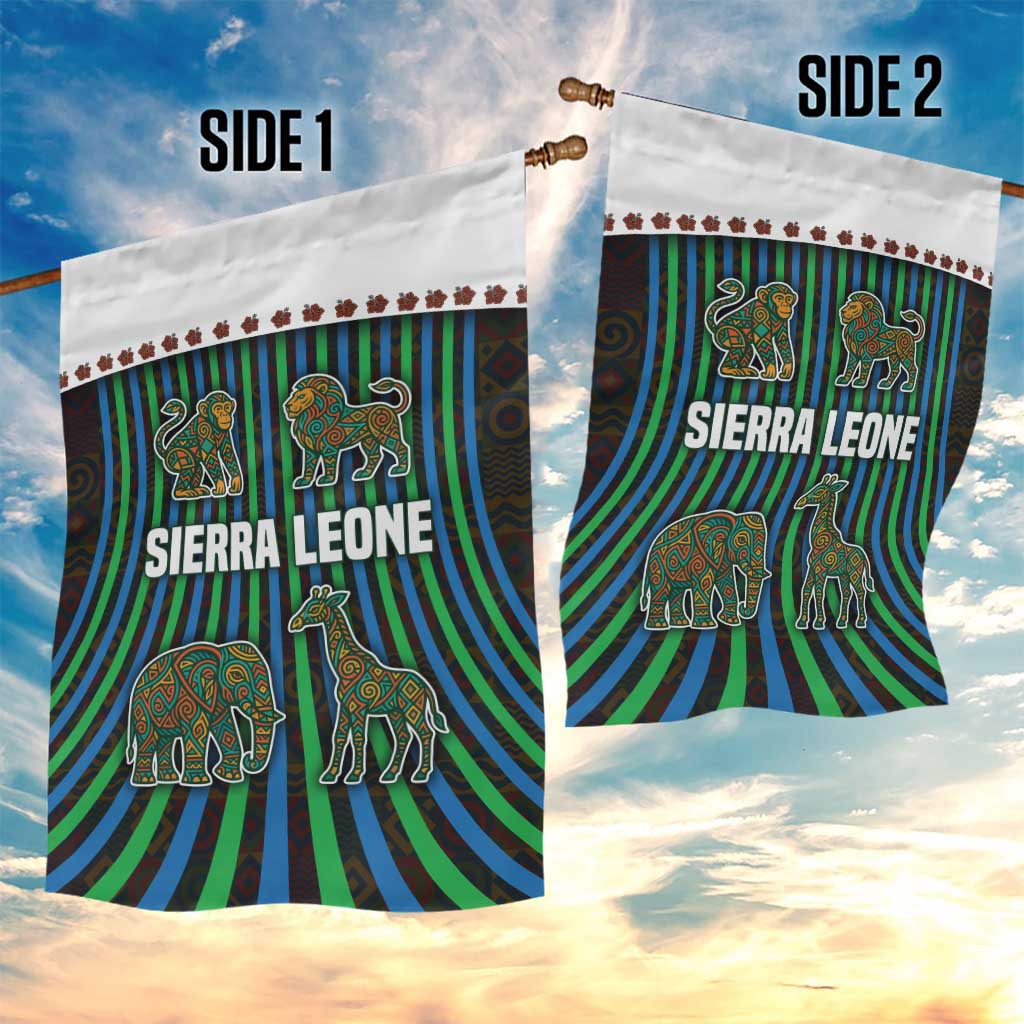 Sierra Leone Garden Flag - Tribal Animal Pattern Featuring Lion Elephant Giraffe and Monkey