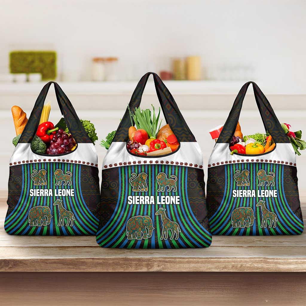 Sierra Leone Grocery Bag - Tribal Animal Pattern Featuring Lion Elephant Giraffe and Monkey