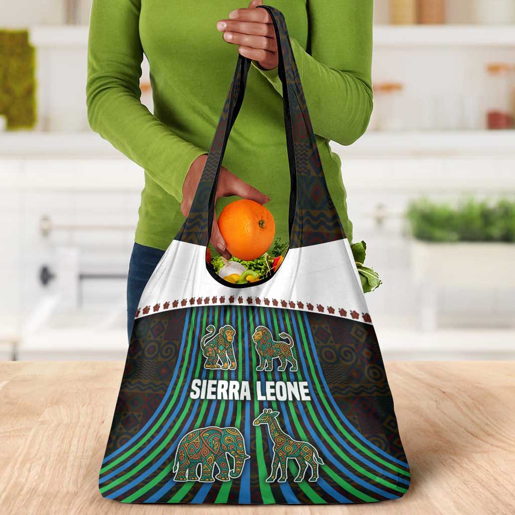 Sierra Leone Grocery Bag - Tribal Animal Pattern Featuring Lion Elephant Giraffe and Monkey
