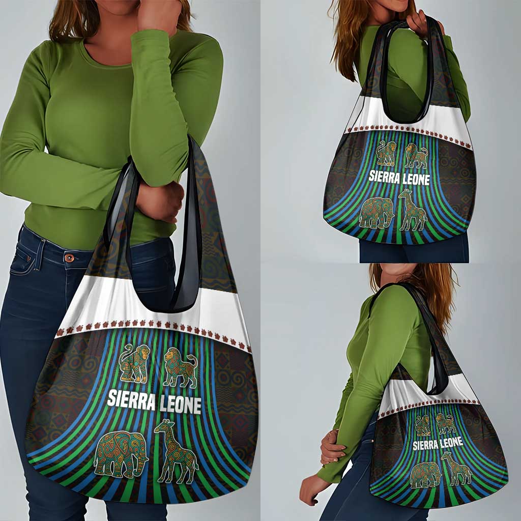 Sierra Leone Grocery Bag - Tribal Animal Pattern Featuring Lion Elephant Giraffe and Monkey