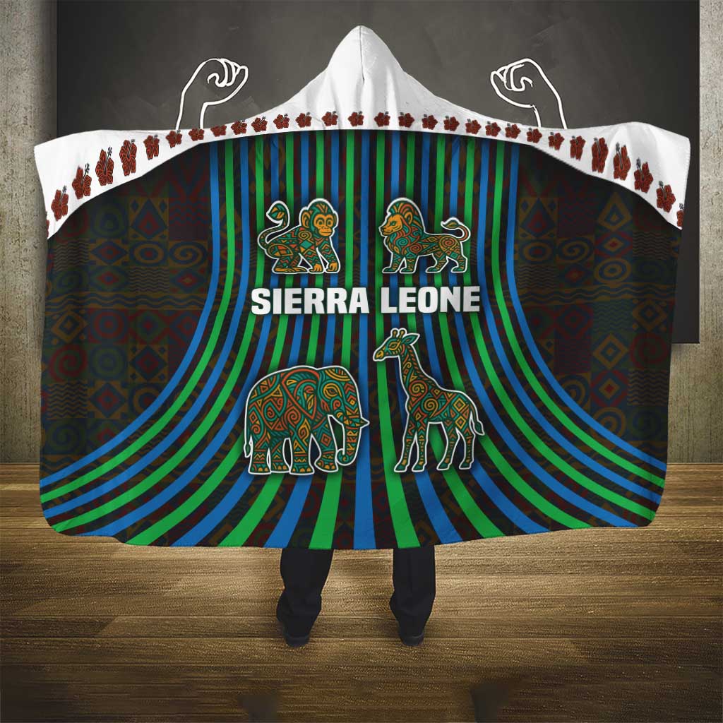 Sierra Leone Hooded Blanket - Tribal Animal Pattern Featuring Lion Elephant Giraffe and Monkey