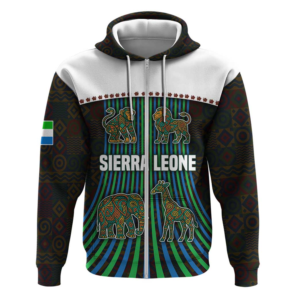 Sierra Leone Hoodie - Tribal Animal Pattern Featuring Lion Elephant Giraffe and Monkey