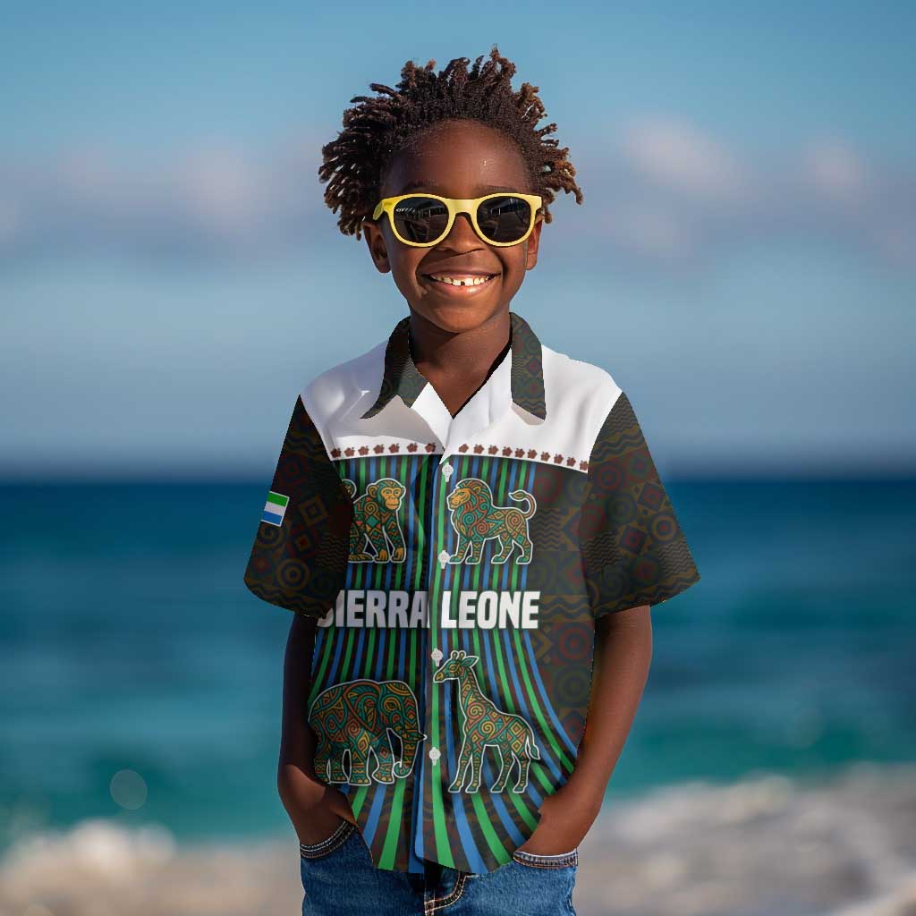 Sierra Leone Kid Hawaiian Shirt - Tribal Animal Pattern Featuring Lion Elephant Giraffe and Monkey