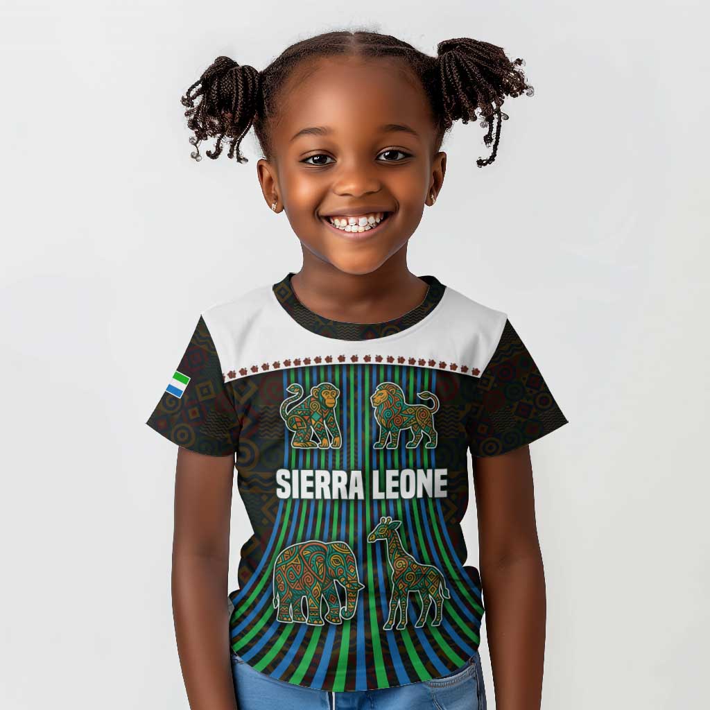 Sierra Leone Kid T shirt - Tribal Animal Pattern Featuring Lion Elephant Giraffe and Monkey