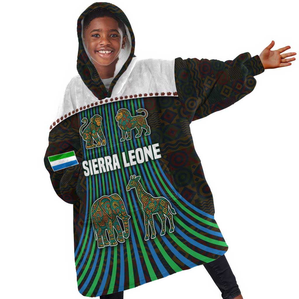 Sierra Leone Kid Wearable Blanket Hoodie - Tribal Animal Pattern Featuring Lion Elephant Giraffe and Monkey