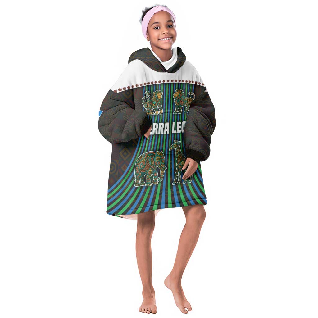 Sierra Leone Kid Wearable Blanket Hoodie - Tribal Animal Pattern Featuring Lion Elephant Giraffe and Monkey