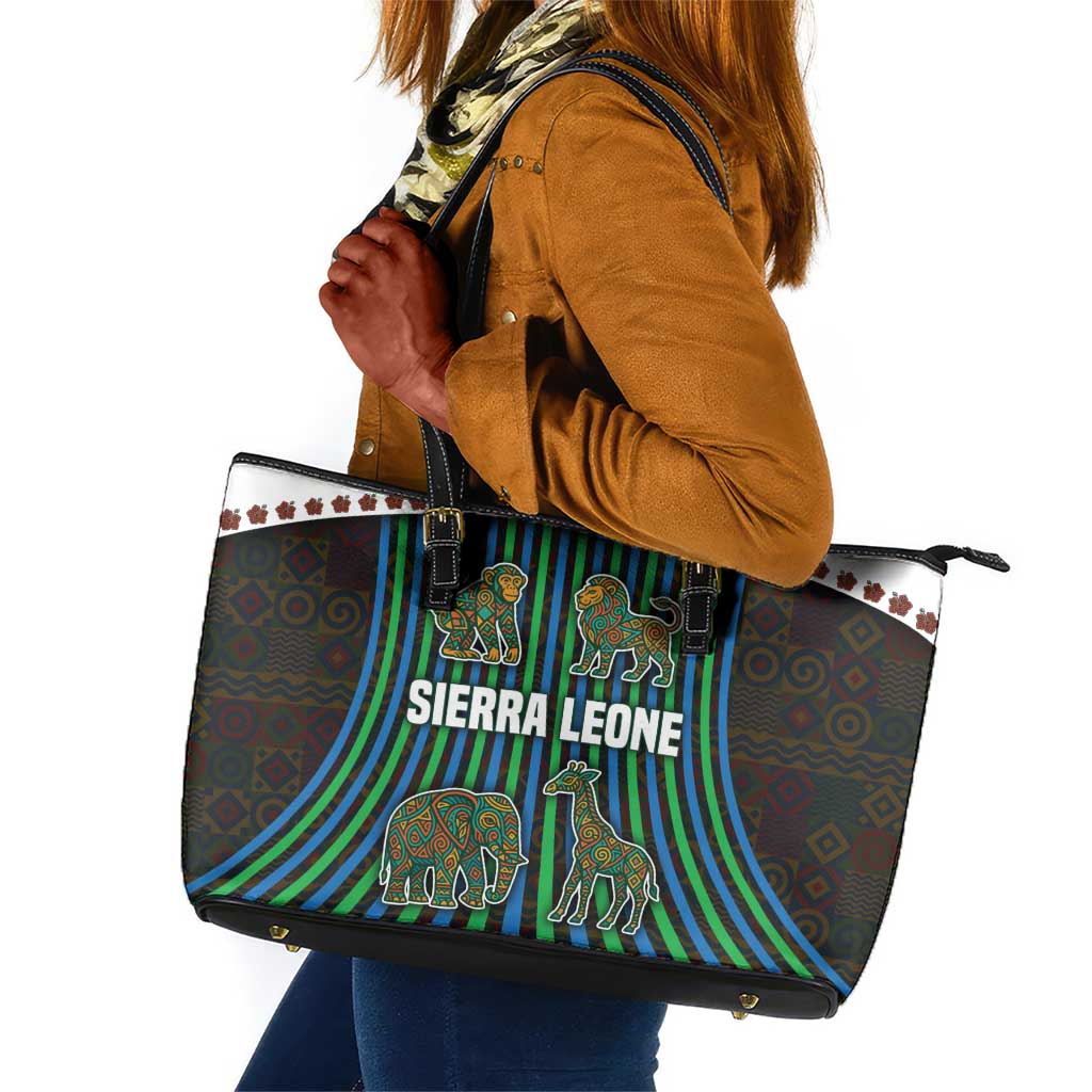 Sierra Leone Leather Tote Bag - Tribal Animal Pattern Featuring Lion Elephant Giraffe and Monkey