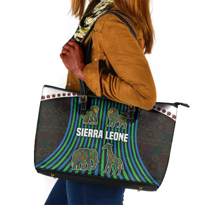 Sierra Leone Leather Tote Bag - Tribal Animal Pattern Featuring Lion Elephant Giraffe and Monkey