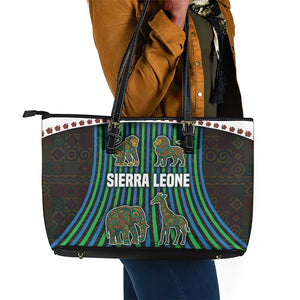 Sierra Leone Leather Tote Bag - Tribal Animal Pattern Featuring Lion Elephant Giraffe and Monkey