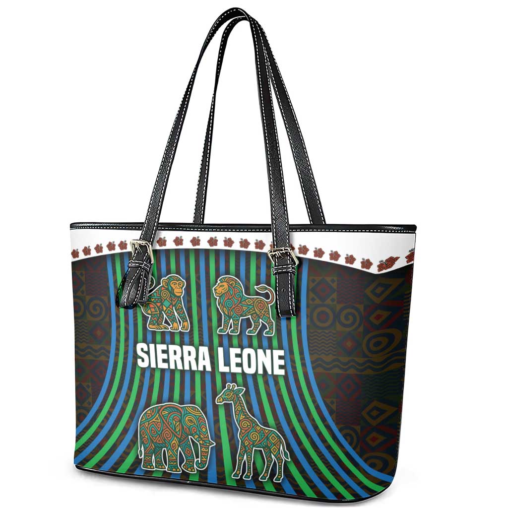 Sierra Leone Leather Tote Bag - Tribal Animal Pattern Featuring Lion Elephant Giraffe and Monkey