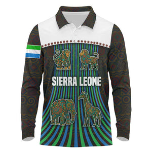 Sierra Leone Long Sleeve Polo Shirt - Tribal Animal Pattern Featuring Lion Elephant Giraffe and Monkey