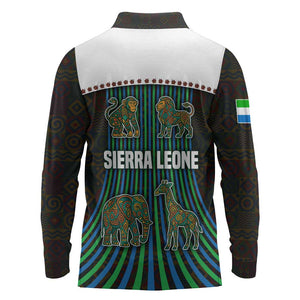 Sierra Leone Long Sleeve Polo Shirt - Tribal Animal Pattern Featuring Lion Elephant Giraffe and Monkey